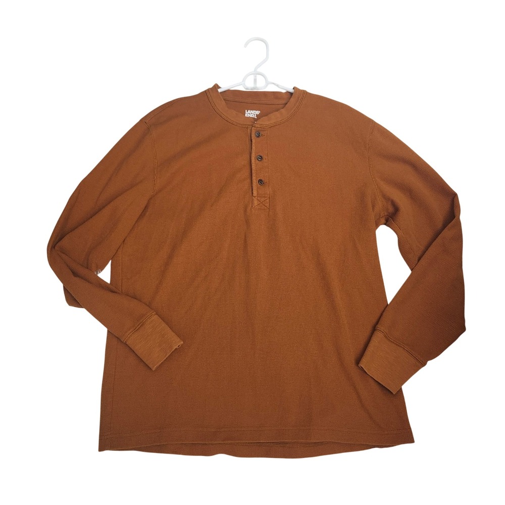 Lands End Mens Thermal Waffle Knit Henley Shirt Burnt Orange Classic Large